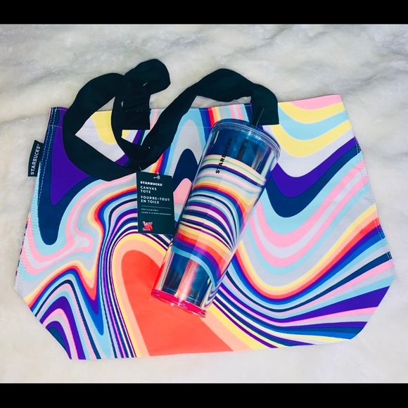 Starbucks 2pc Set Target Exclusive Rainbow Retro Swirl Wave Tumbler Cup & Tote - Picture 5 of 15